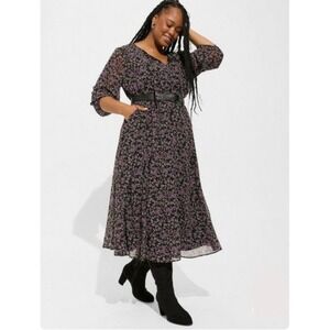 Torrid Tea Length Chiffon Front Tie Dress Black Pink Floral 3/4 Sleeve Sz 1X